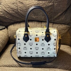 MCM Visetos  White Boston Bag with Strap Leather Satchel